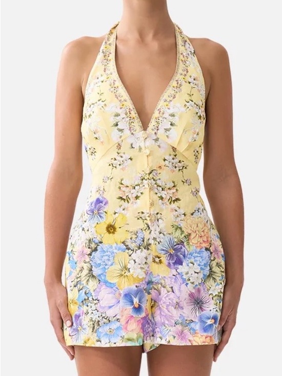 Camilla Pants - Camilla Designer Darling Buds Halter Romper Yellow and Floral 100% Linen Size XS